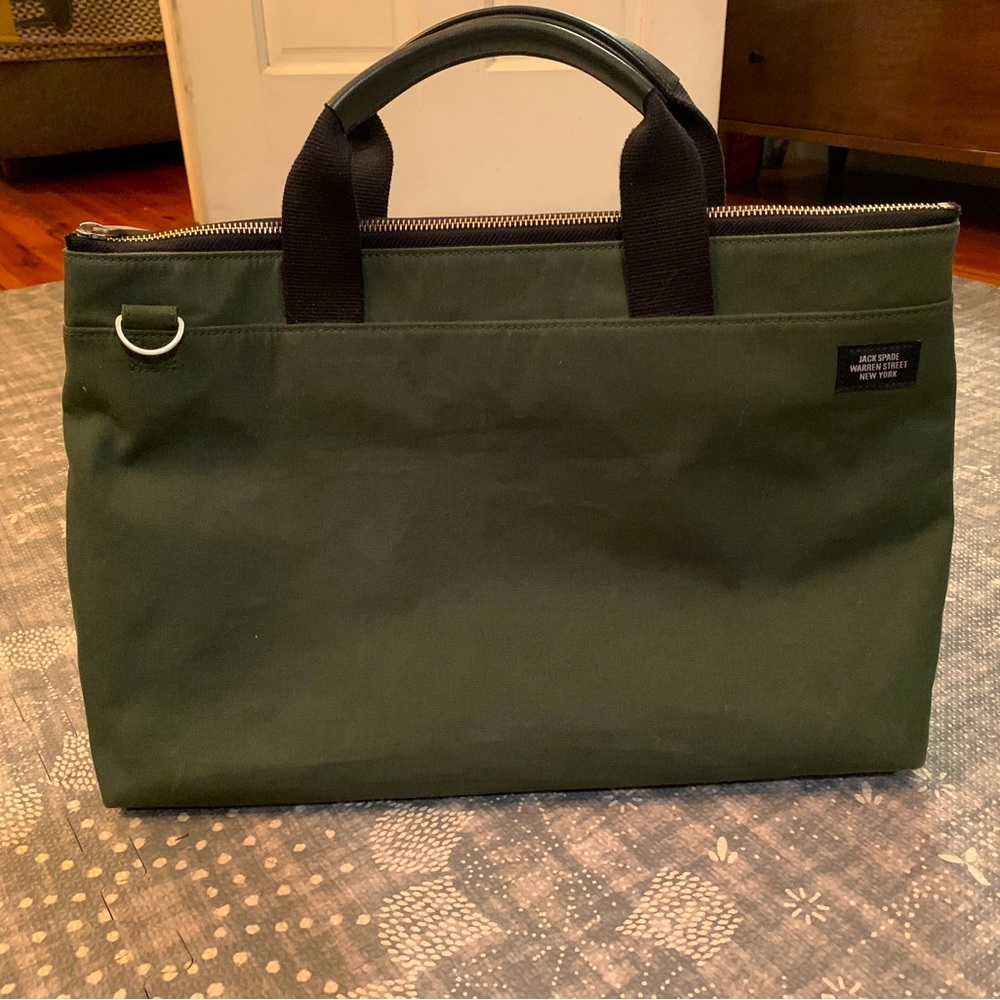 Jack Spade coated canvas laptop briefcase with shoulder strap; pine green